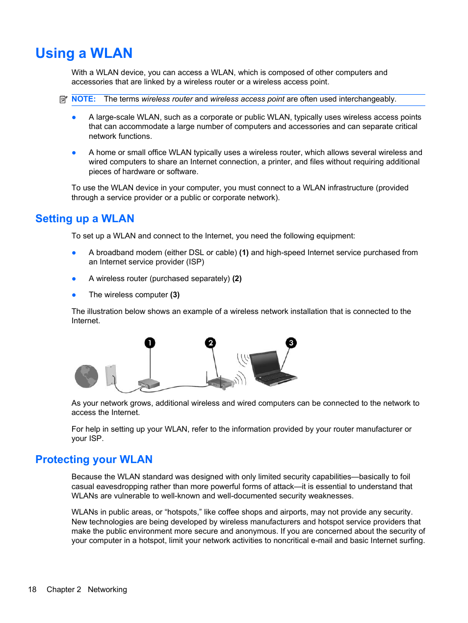 Using a wlan, Setting up a wlan, Protecting your wlan | Setting up a wlan protecting your wlan | HP Compaq 320 Notebook-PC User Manual | Page 30 / 161