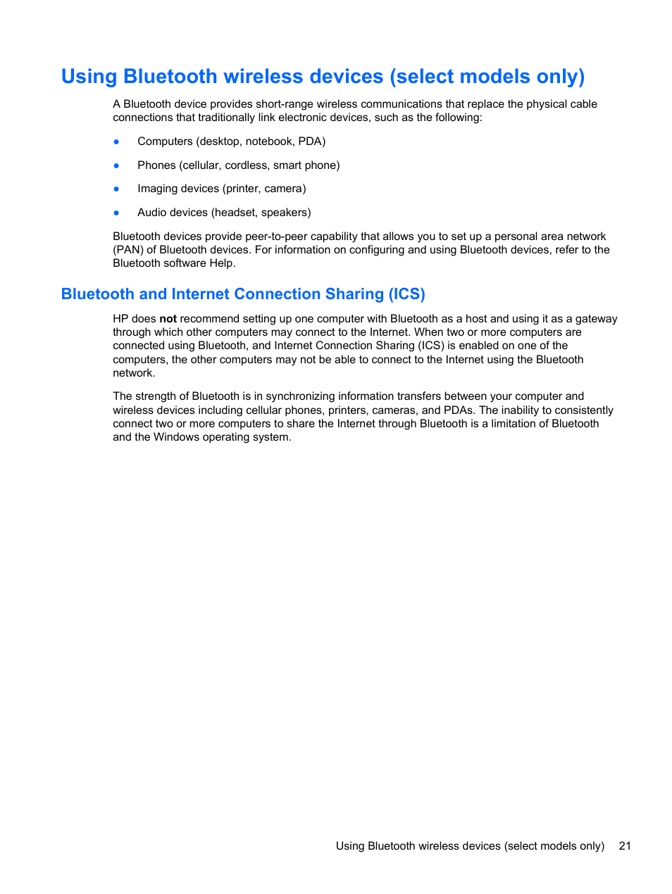 Bluetooth and internet connection sharing (ics) | HP Compaq 320 Notebook-PC User Manual | Page 33 / 161