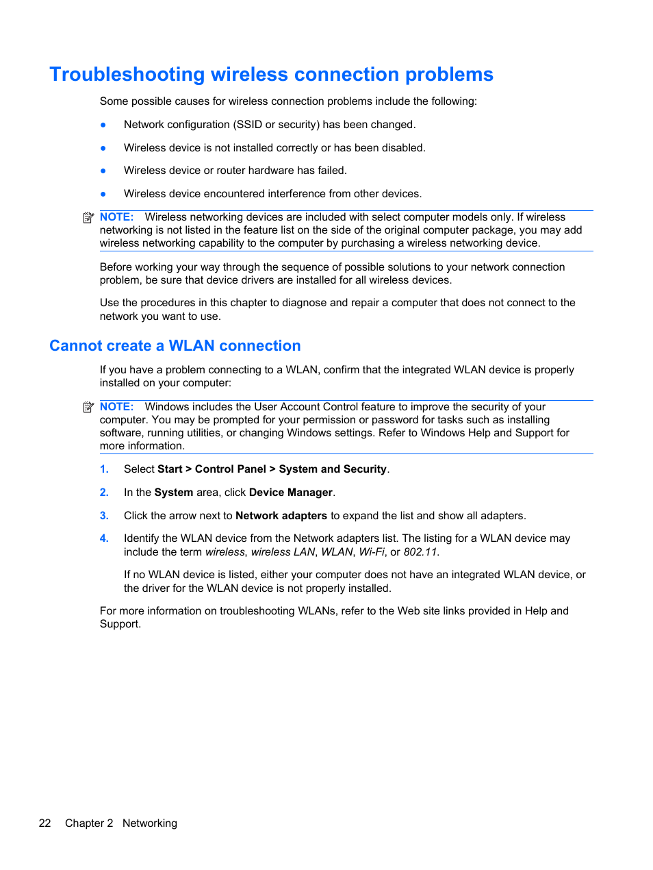 Troubleshooting wireless connection problems, Cannot create a wlan connection | HP Compaq 320 Notebook-PC User Manual | Page 34 / 161