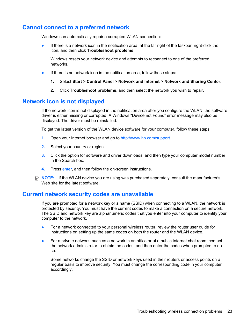 Cannot connect to a preferred network, Network icon is not displayed, Current network security codes are unavailable | HP Compaq 320 Notebook-PC User Manual | Page 35 / 161