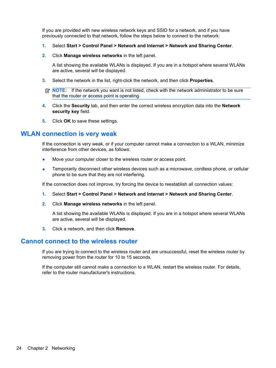 Wlan connection is very weak, Cannot connect to the wireless router | HP Compaq 320 Notebook-PC User Manual | Page 36 / 161