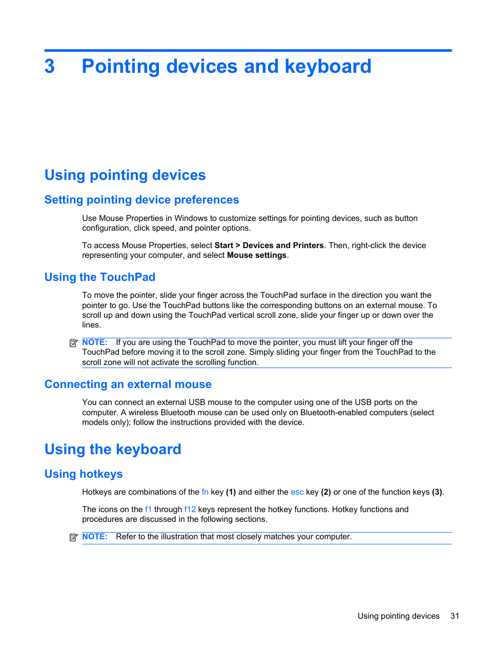 Pointing devices and keyboard, Using pointing devices, Setting pointing device preferences | Using the touchpad, Connecting an external mouse, Using the keyboard, Using hotkeys, 3 pointing devices and keyboard, 3pointing devices and keyboard | HP Compaq 320 Notebook-PC User Manual | Page 43 / 161