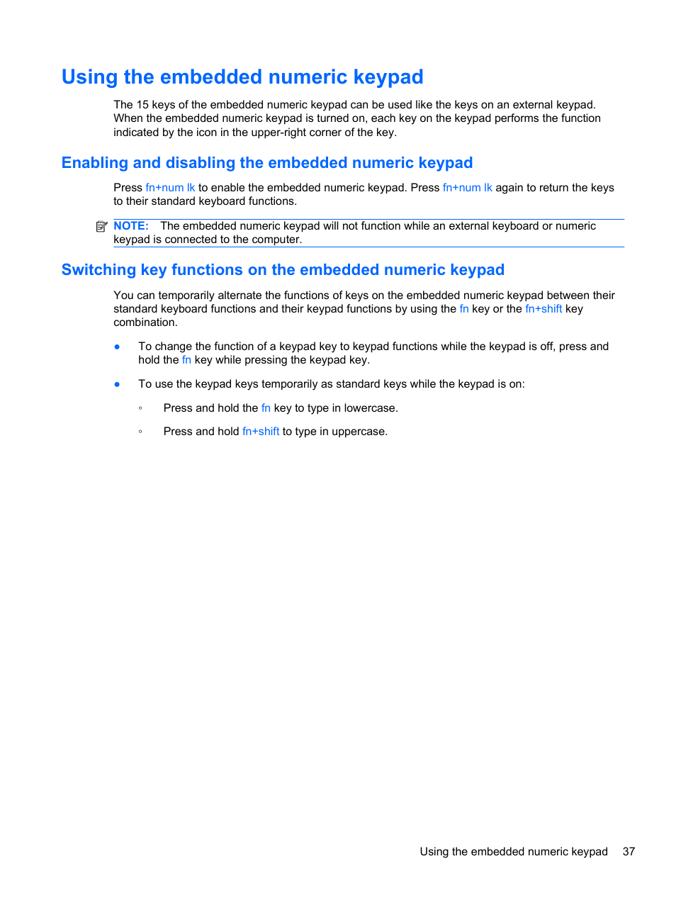 Using the embedded numeric keypad, Enabling and disabling the embedded numeric keypad | HP Compaq 320 Notebook-PC User Manual | Page 49 / 161