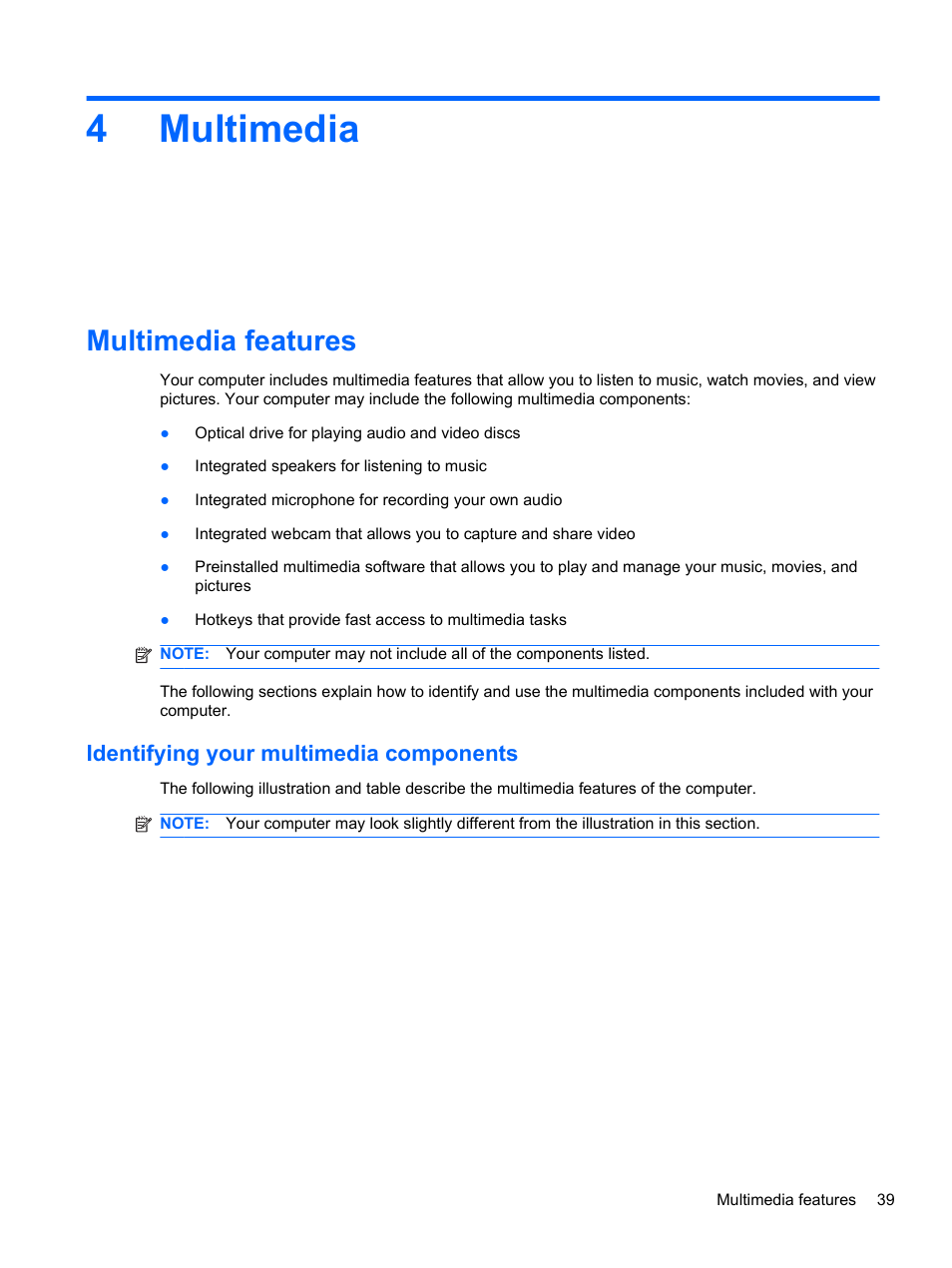 Multimedia, Multimedia features, Identifying your multimedia components | 4 multimedia, 4multimedia | HP Compaq 320 Notebook-PC User Manual | Page 51 / 161