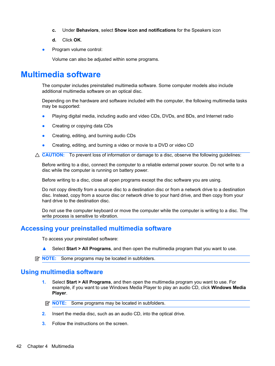 Multimedia software, Accessing your preinstalled multimedia software, Using multimedia software | HP Compaq 320 Notebook-PC User Manual | Page 54 / 161