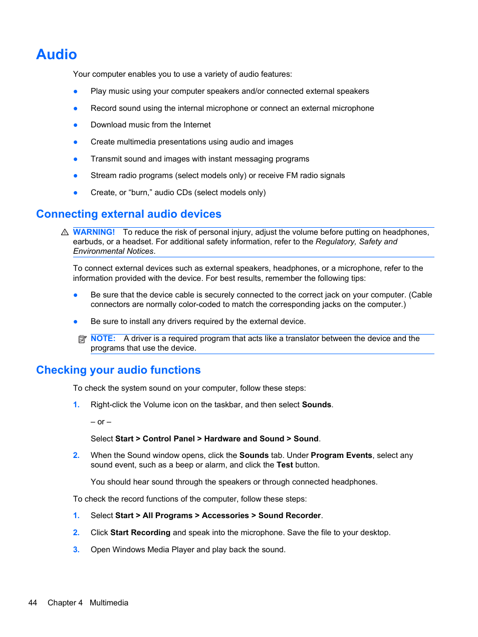 Audio, Connecting external audio devices, Checking your audio functions | HP Compaq 320 Notebook-PC User Manual | Page 56 / 161