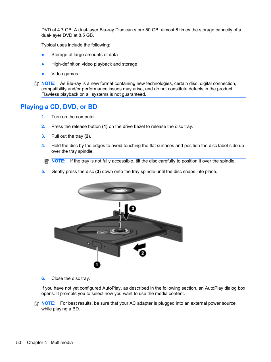 Playing a cd, dvd, or bd | HP Compaq 320 Notebook-PC User Manual | Page 62 / 161