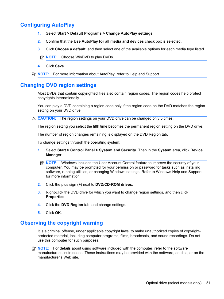 Configuring autoplay, Changing dvd region settings, Observing the copyright warning | HP Compaq 320 Notebook-PC User Manual | Page 63 / 161