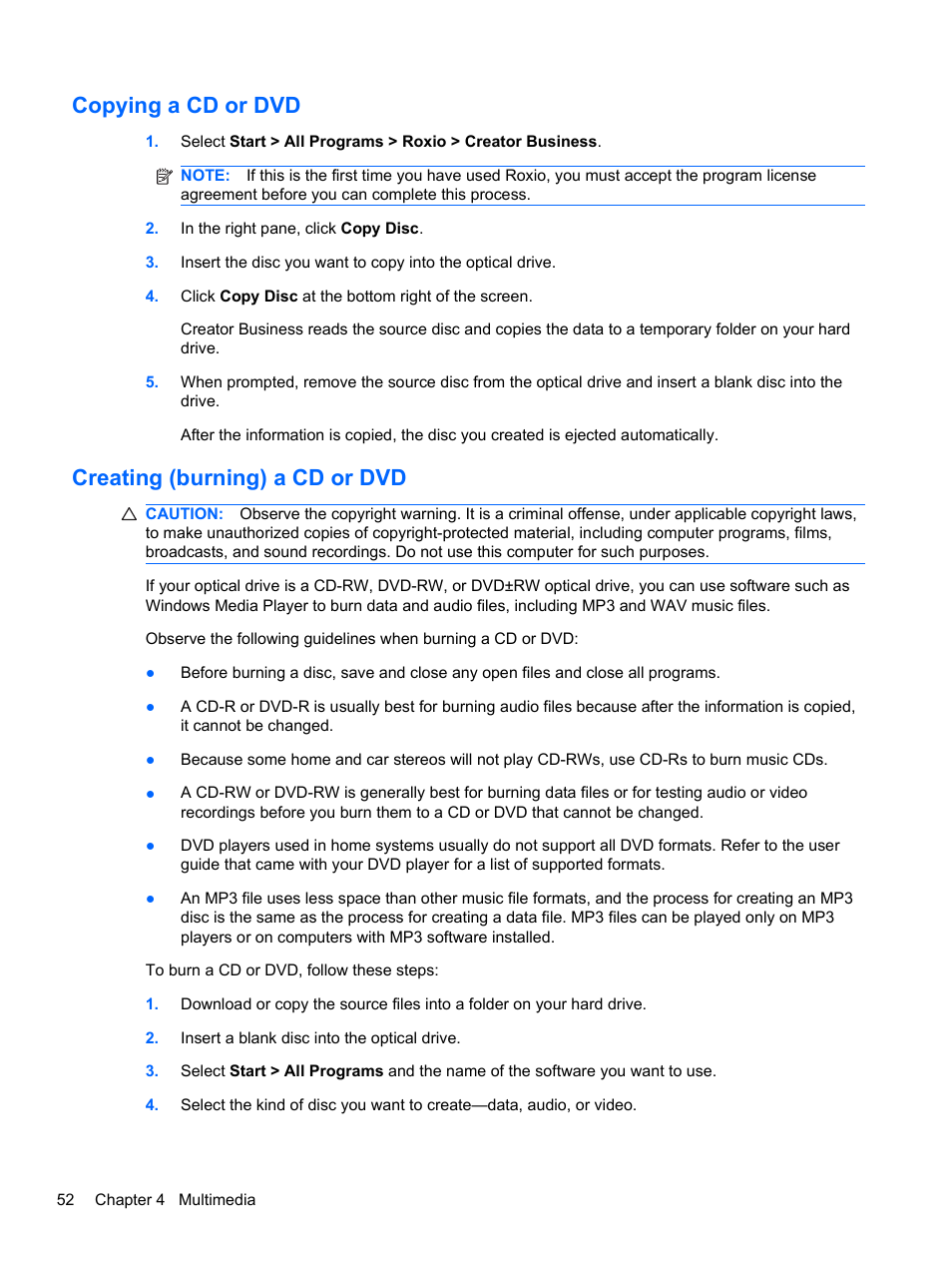 Copying a cd or dvd, Creating (burning) a cd or dvd, Copying a cd or dvd creating (burning) a cd or dvd | HP Compaq 320 Notebook-PC User Manual | Page 64 / 161