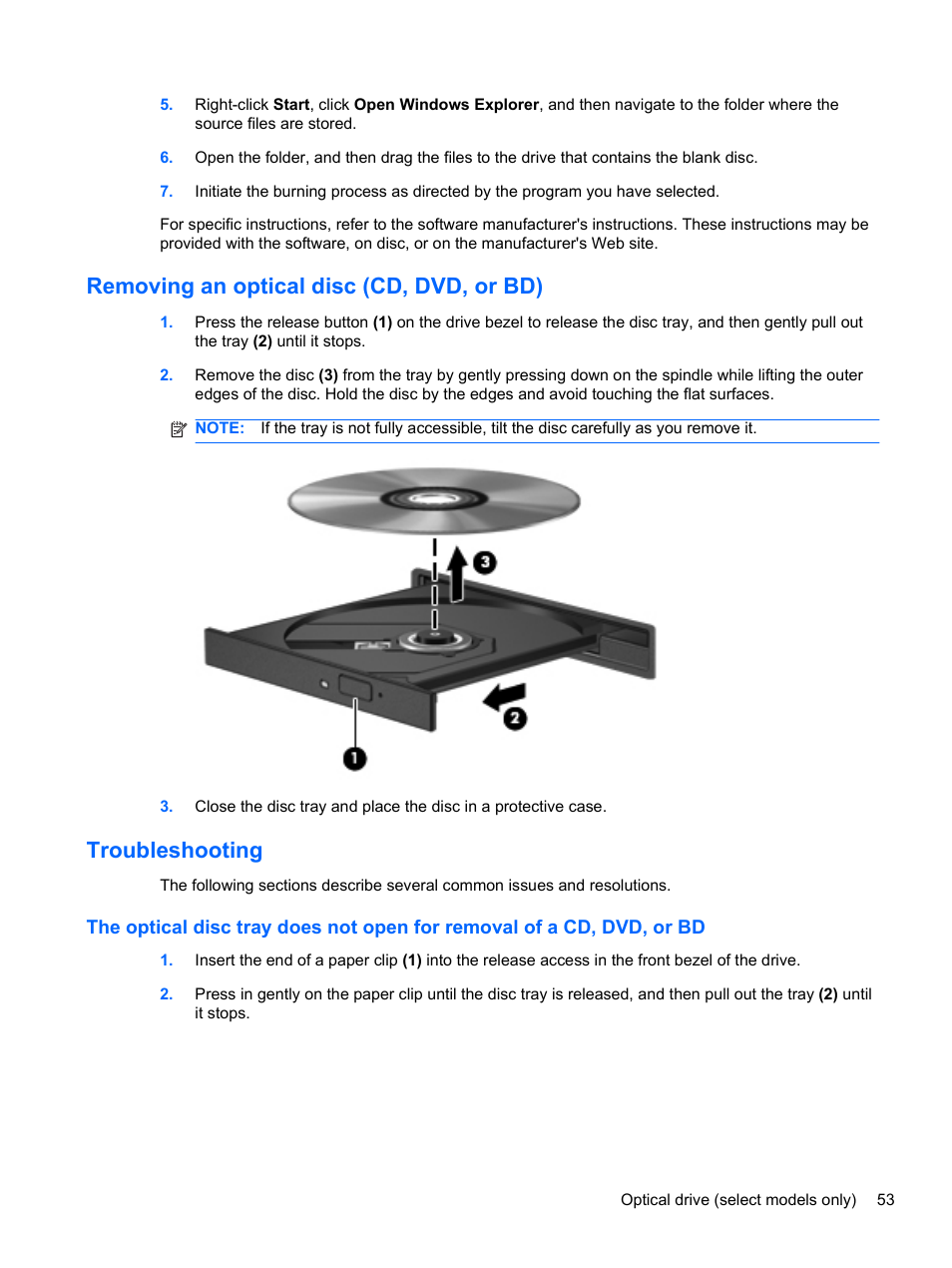 Removing an optical disc (cd, dvd, or bd), Troubleshooting | HP Compaq 320 Notebook-PC User Manual | Page 65 / 161