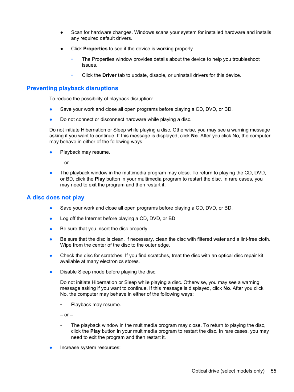 Preventing playback disruptions, A disc does not play | HP Compaq 320 Notebook-PC User Manual | Page 67 / 161