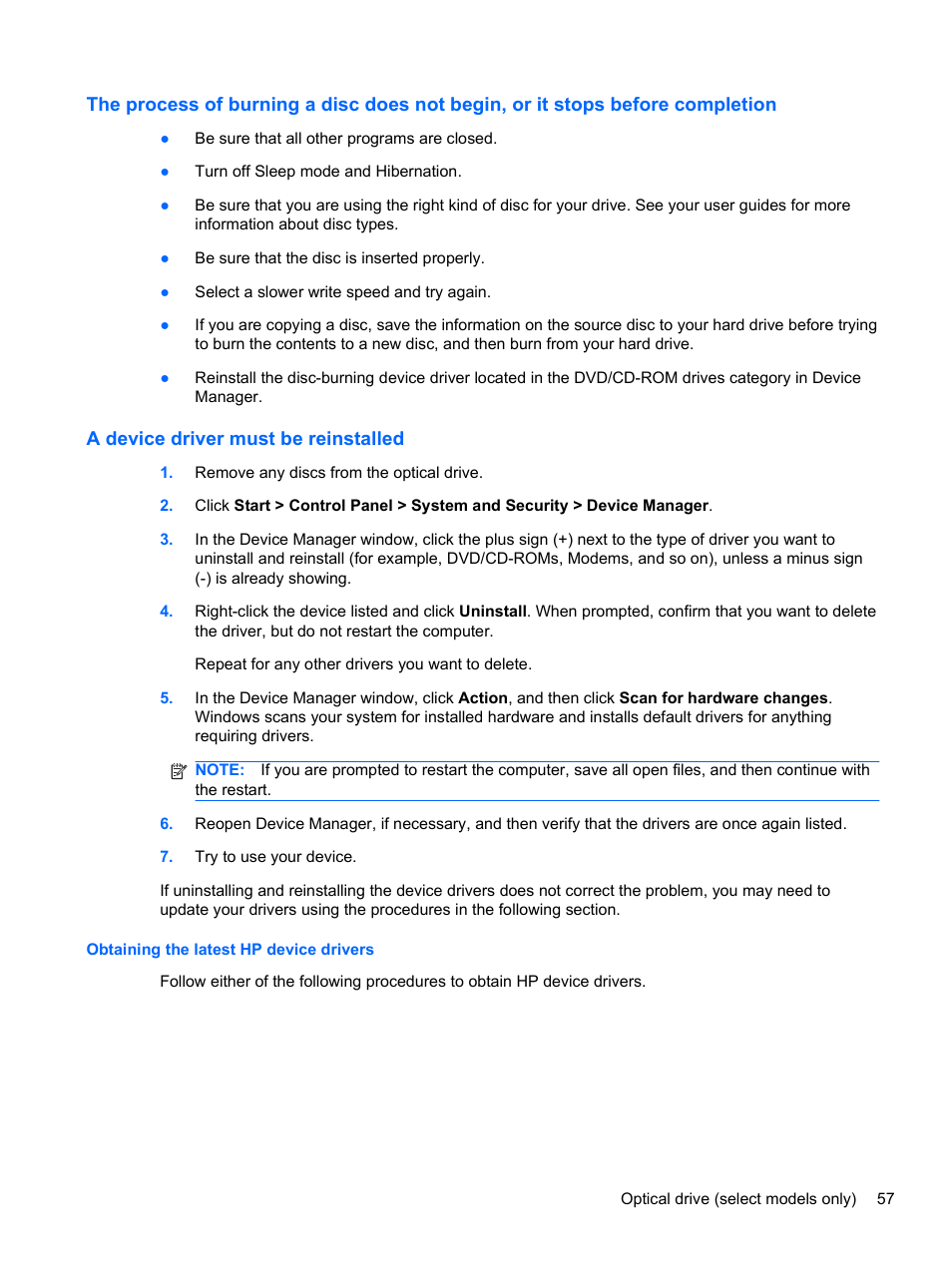 A device driver must be reinstalled, Obtaining the latest hp device drivers | HP Compaq 320 Notebook-PC User Manual | Page 69 / 161