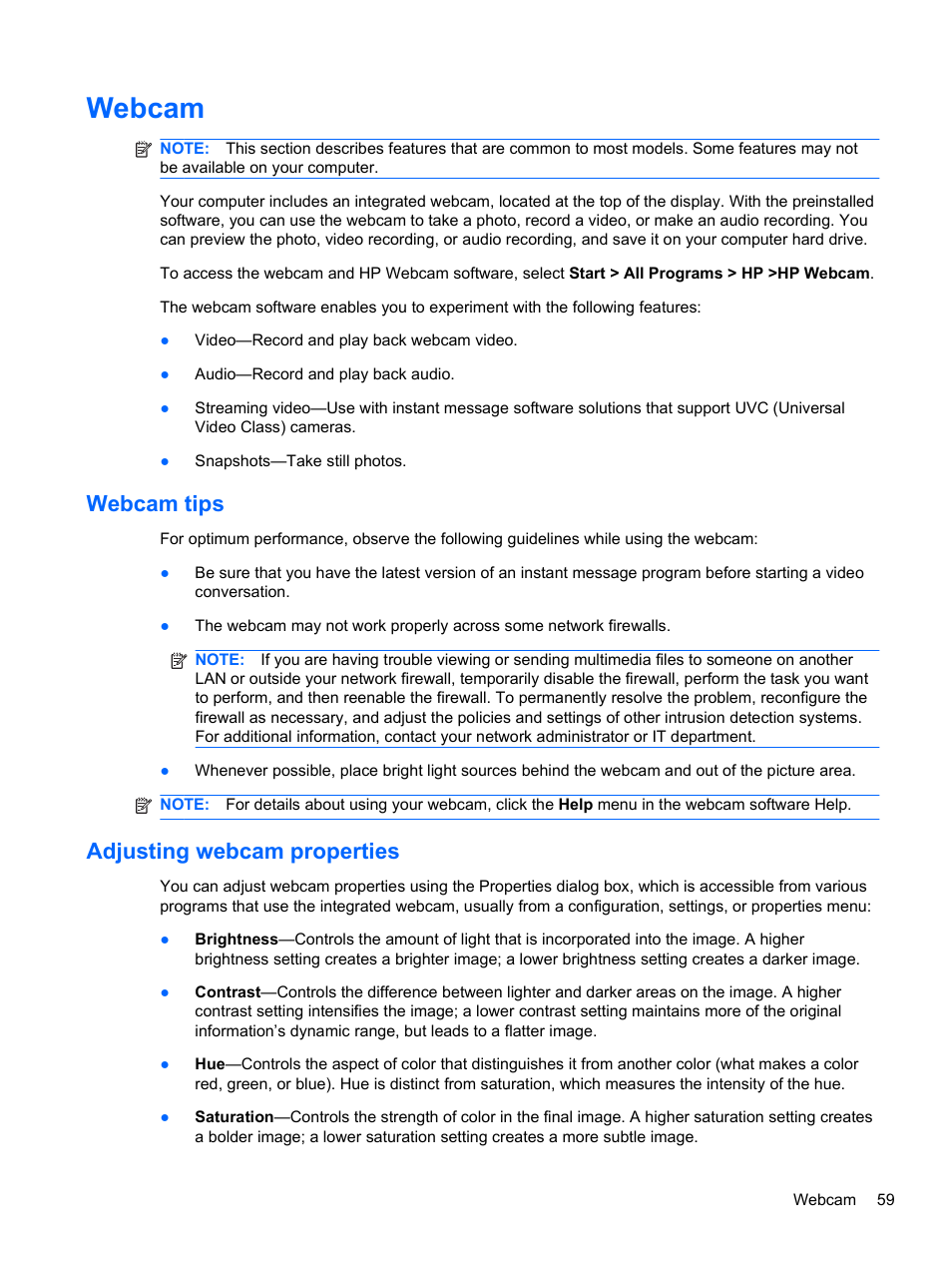 Webcam, Webcam tips, Adjusting webcam properties | Webcam tips adjusting webcam properties | HP Compaq 320 Notebook-PC User Manual | Page 71 / 161