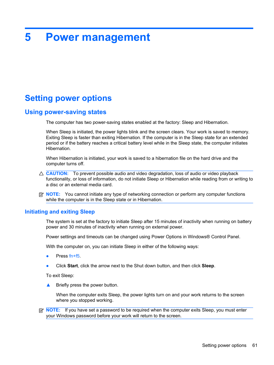 Power management, Setting power options, Using power-saving states | Initiating and exiting sleep, 5 power management, 5power management | HP Compaq 320 Notebook-PC User Manual | Page 73 / 161