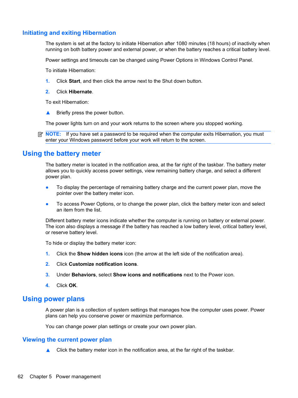 Initiating and exiting hibernation, Using the battery meter, Using power plans | Viewing the current power plan, Using the battery meter using power plans | HP Compaq 320 Notebook-PC User Manual | Page 74 / 161