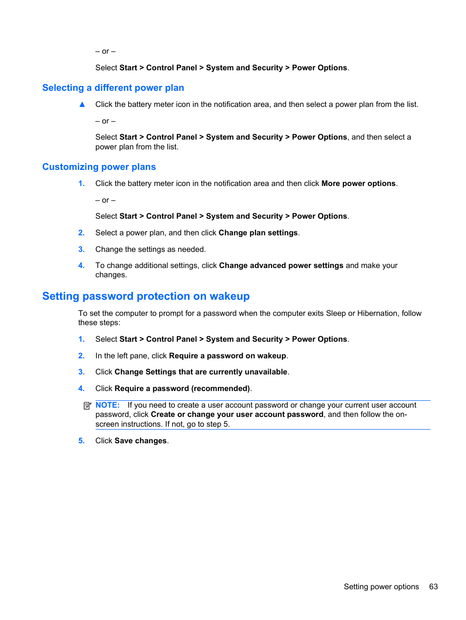 Selecting a different power plan, Customizing power plans, Setting password protection on wakeup | HP Compaq 320 Notebook-PC User Manual | Page 75 / 161