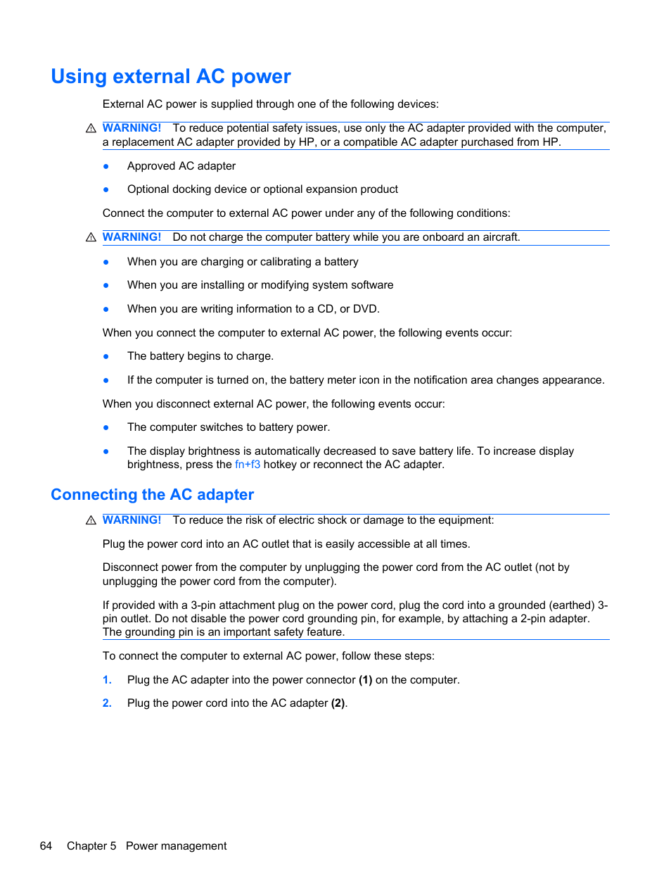 Using external ac power, Connecting the ac adapter | HP Compaq 320 Notebook-PC User Manual | Page 76 / 161