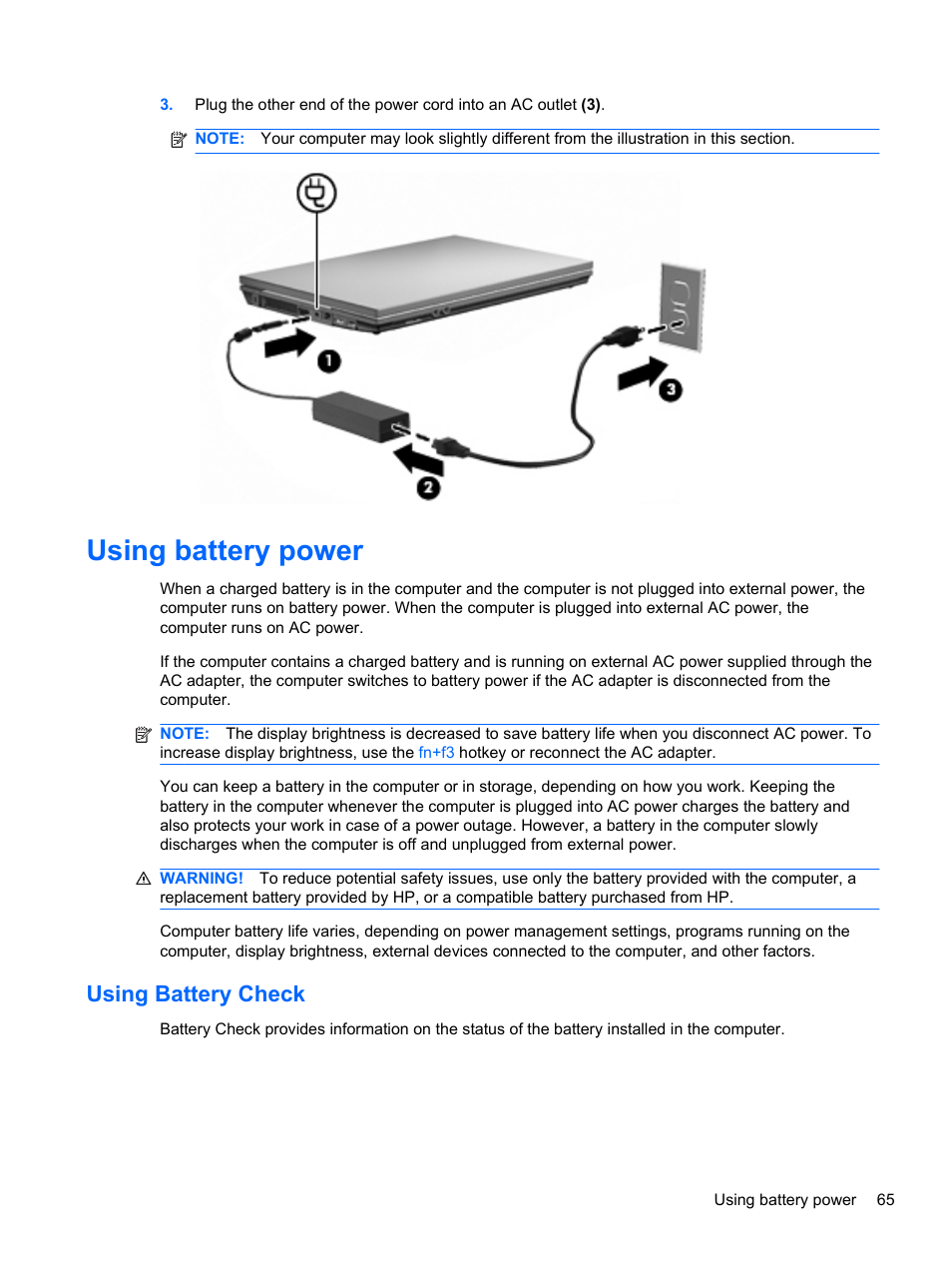 Using battery power, Using battery check | HP Compaq 320 Notebook-PC User Manual | Page 77 / 161