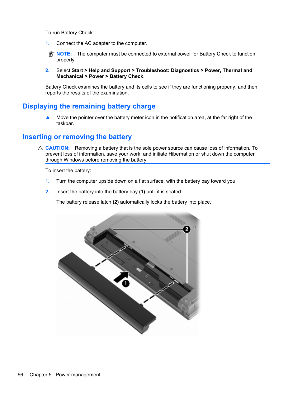 Displaying the remaining battery charge, Inserting or removing the battery | HP Compaq 320 Notebook-PC User Manual | Page 78 / 161