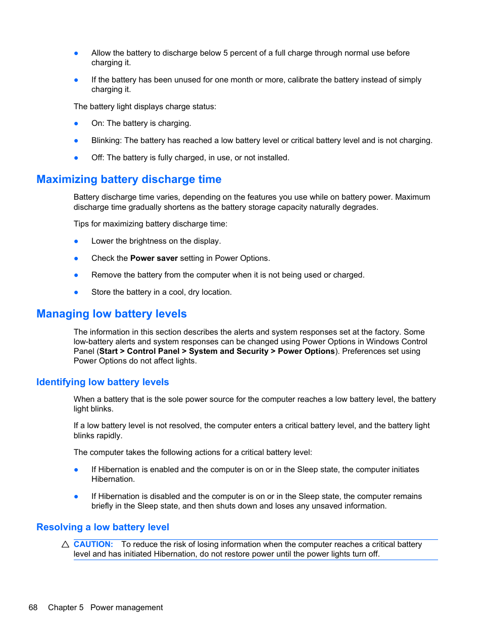 Maximizing battery discharge time, Managing low battery levels, Identifying low battery levels | Resolving a low battery level | HP Compaq 320 Notebook-PC User Manual | Page 80 / 161