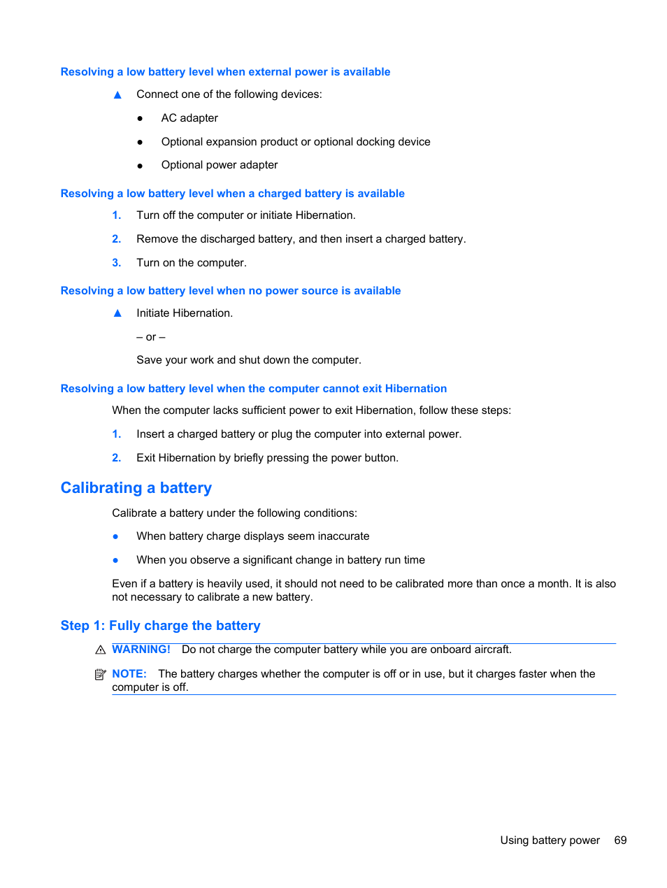 Calibrating a battery, Step 1: fully charge the battery | HP Compaq 320 Notebook-PC User Manual | Page 81 / 161