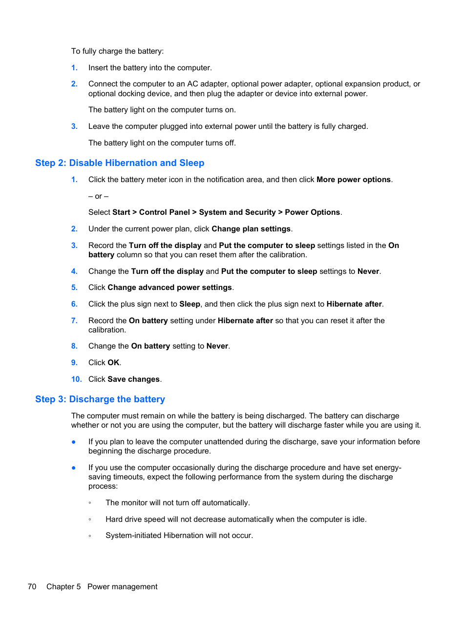 Step 2: disable hibernation and sleep, Step 3: discharge the battery | HP Compaq 320 Notebook-PC User Manual | Page 82 / 161