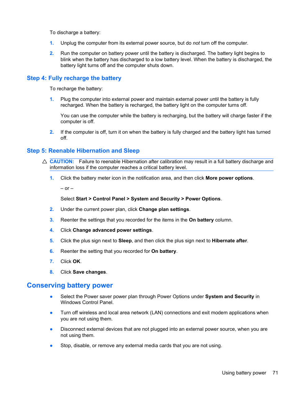 Step 4: fully recharge the battery, Step 5: reenable hibernation and sleep, Conserving battery power | HP Compaq 320 Notebook-PC User Manual | Page 83 / 161