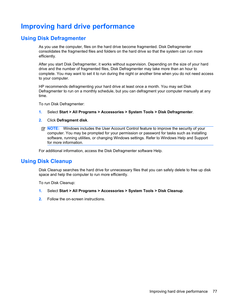 Improving hard drive performance, Using disk defragmenter, Using disk cleanup | Using disk defragmenter using disk cleanup | HP Compaq 320 Notebook-PC User Manual | Page 89 / 161