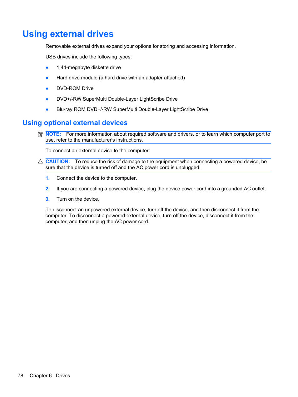 Using external drives, Using optional external devices | HP Compaq 320 Notebook-PC User Manual | Page 90 / 161