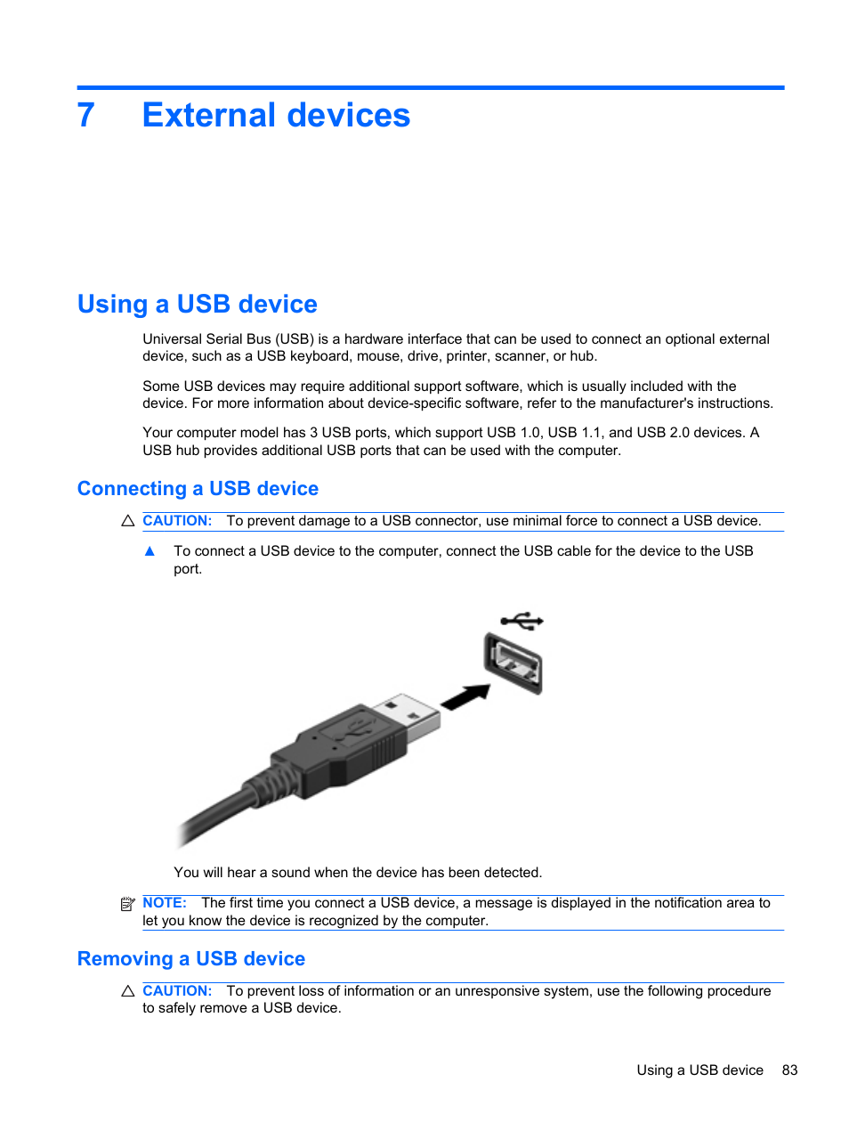 External devices, Using a usb device, Connecting a usb device | Removing a usb device, 7 external devices, Connecting a usb device removing a usb device, 7external devices | HP Compaq 320 Notebook-PC User Manual | Page 95 / 161