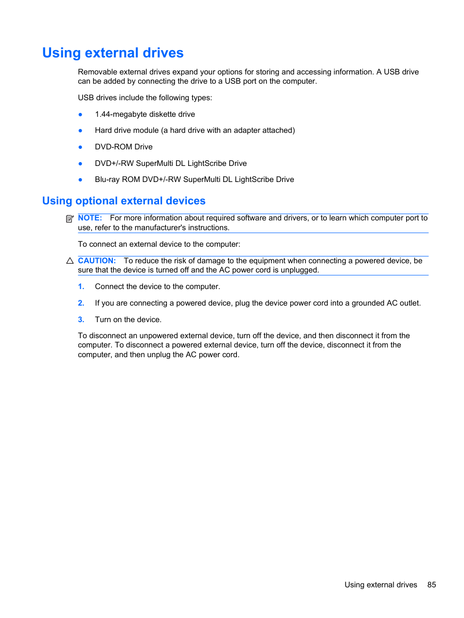 Using external drives, Using optional external devices | HP Compaq 320 Notebook-PC User Manual | Page 97 / 161