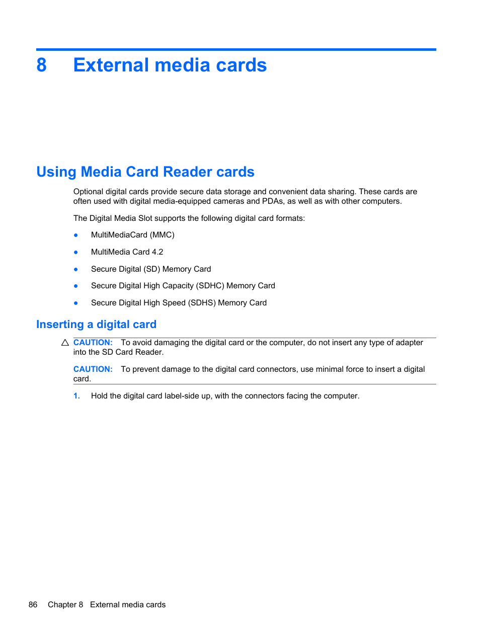 External media cards, Using media card reader cards, Inserting a digital card | 8 external media cards, 8external media cards | HP Compaq 320 Notebook-PC User Manual | Page 98 / 161
