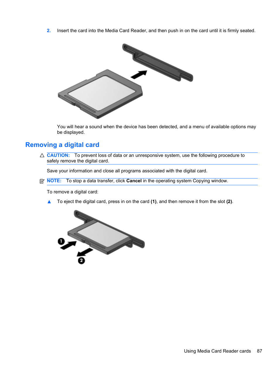 Removing a digital card | HP Compaq 320 Notebook-PC User Manual | Page 99 / 161