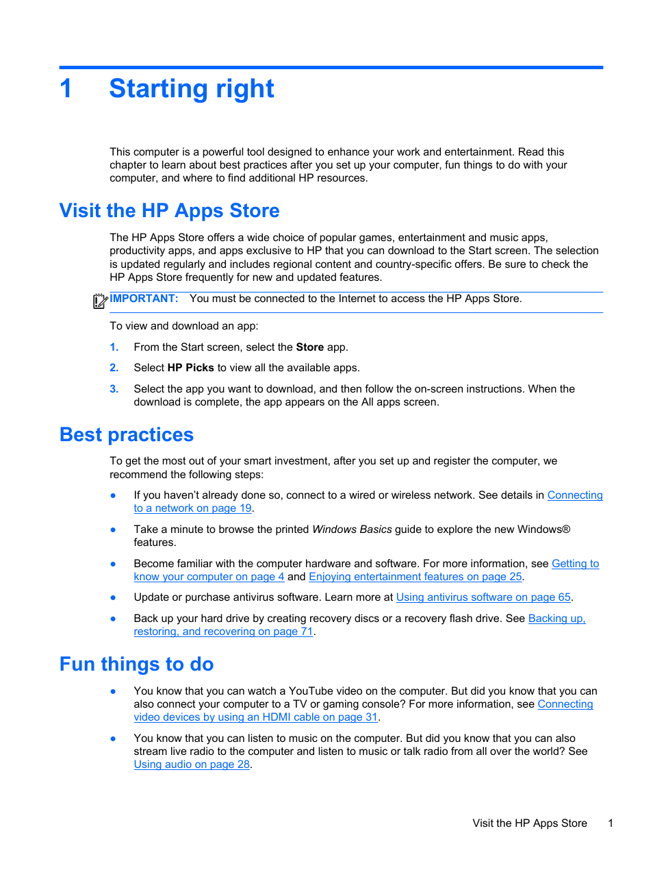 Starting right, Visit the hp apps store, Best practices | Fun things to do, 1 starting right, 1starting right | HP 250 G2 Notebook PC User Manual | Page 11 / 90