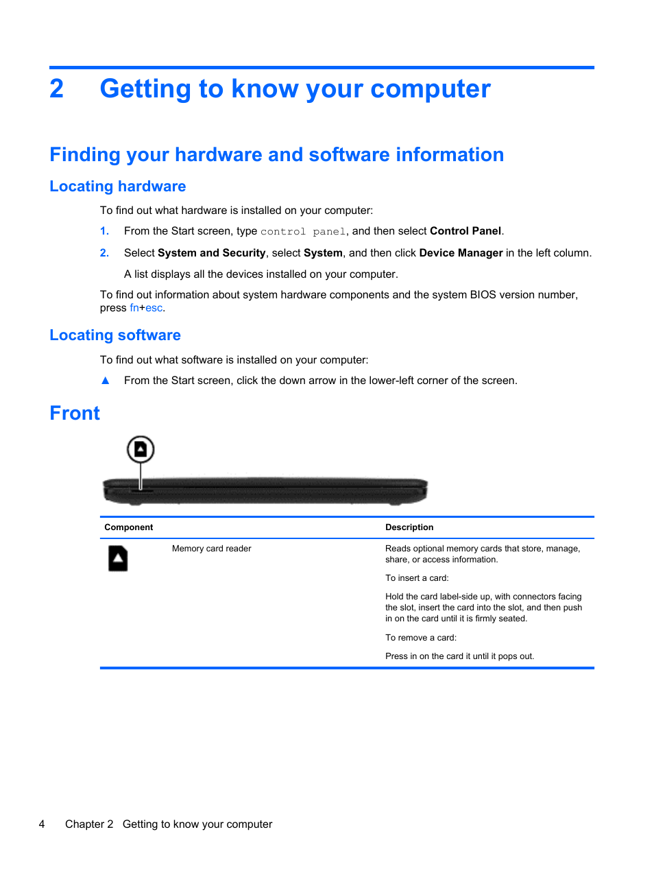 Getting to know your computer, Finding your hardware and software information, Locating hardware | Locating software, Front, 2 getting to know your computer, Locating hardware locating software, Getting to, 2getting to know your computer | HP 250 G2 Notebook PC User Manual | Page 14 / 90