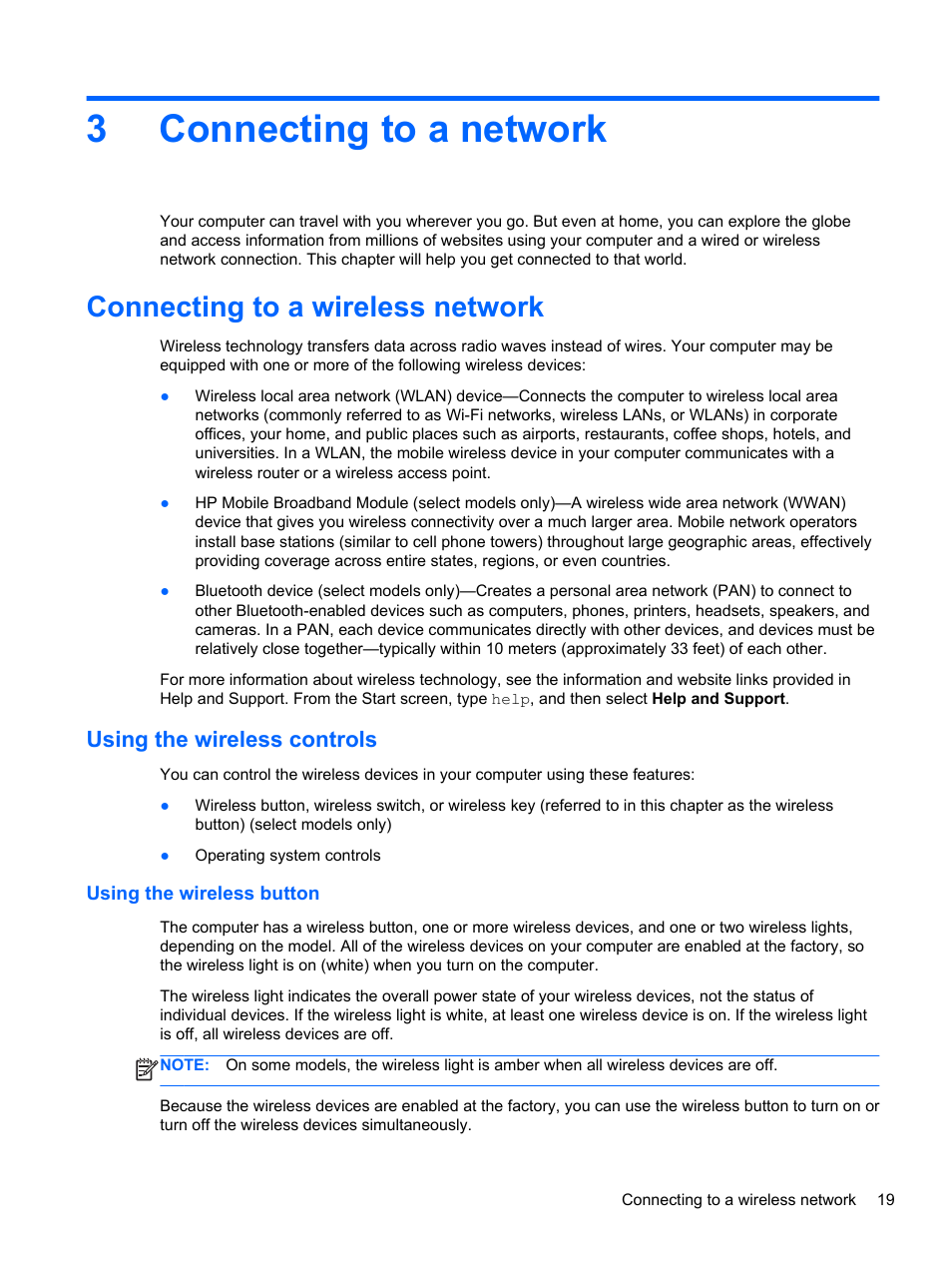 Connecting to a network, Connecting to a wireless network, Using the wireless controls | Using the wireless button, 3 connecting to a network, Connecting, 3connecting to a network | HP 250 G2 Notebook PC User Manual | Page 29 / 90