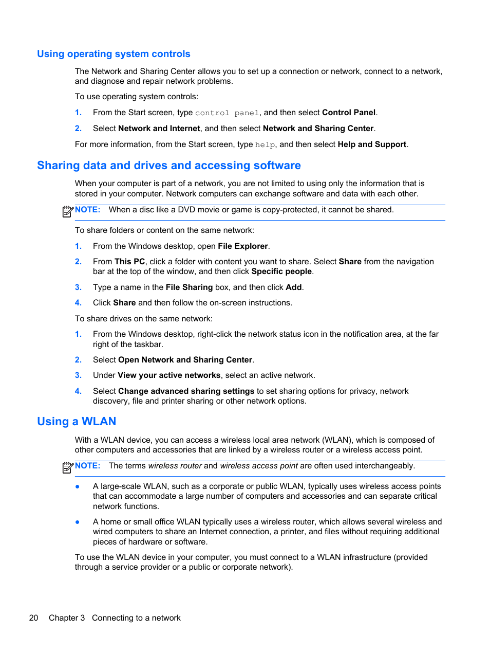 Using operating system controls, Sharing data and drives and accessing software, Using a wlan | HP 250 G2 Notebook PC User Manual | Page 30 / 90