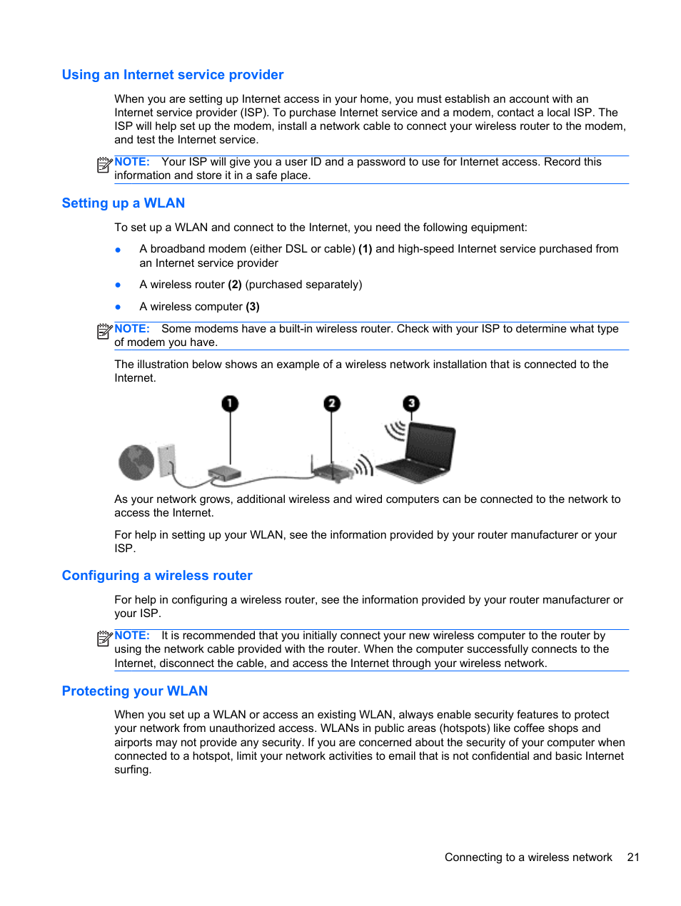 Using an internet service provider, Setting up a wlan, Configuring a wireless router | Protecting your wlan | HP 250 G2 Notebook PC User Manual | Page 31 / 90