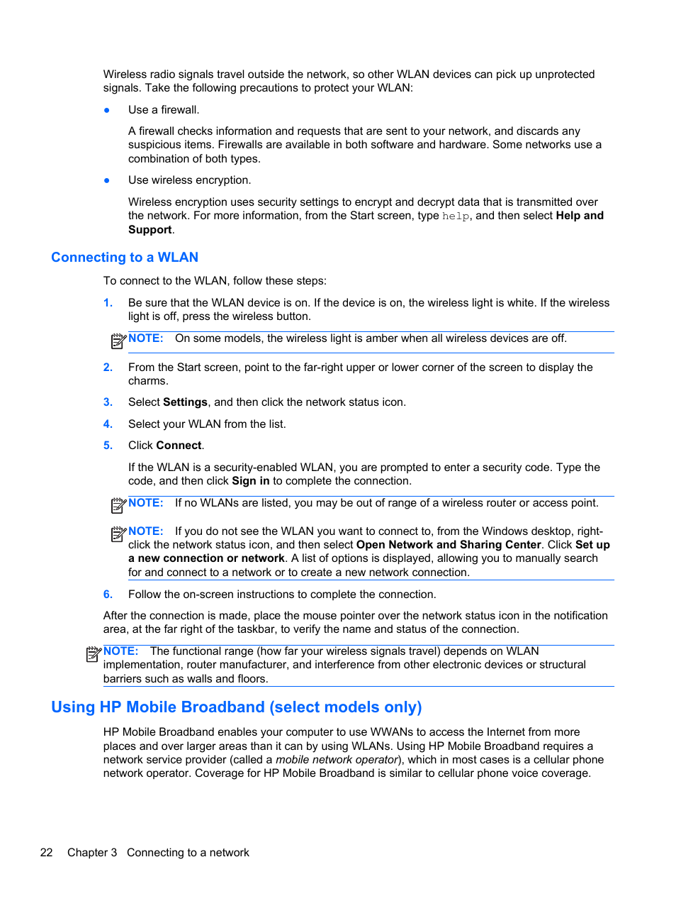 Connecting to a wlan, Using hp mobile broadband (select models only) | HP 250 G2 Notebook PC User Manual | Page 32 / 90