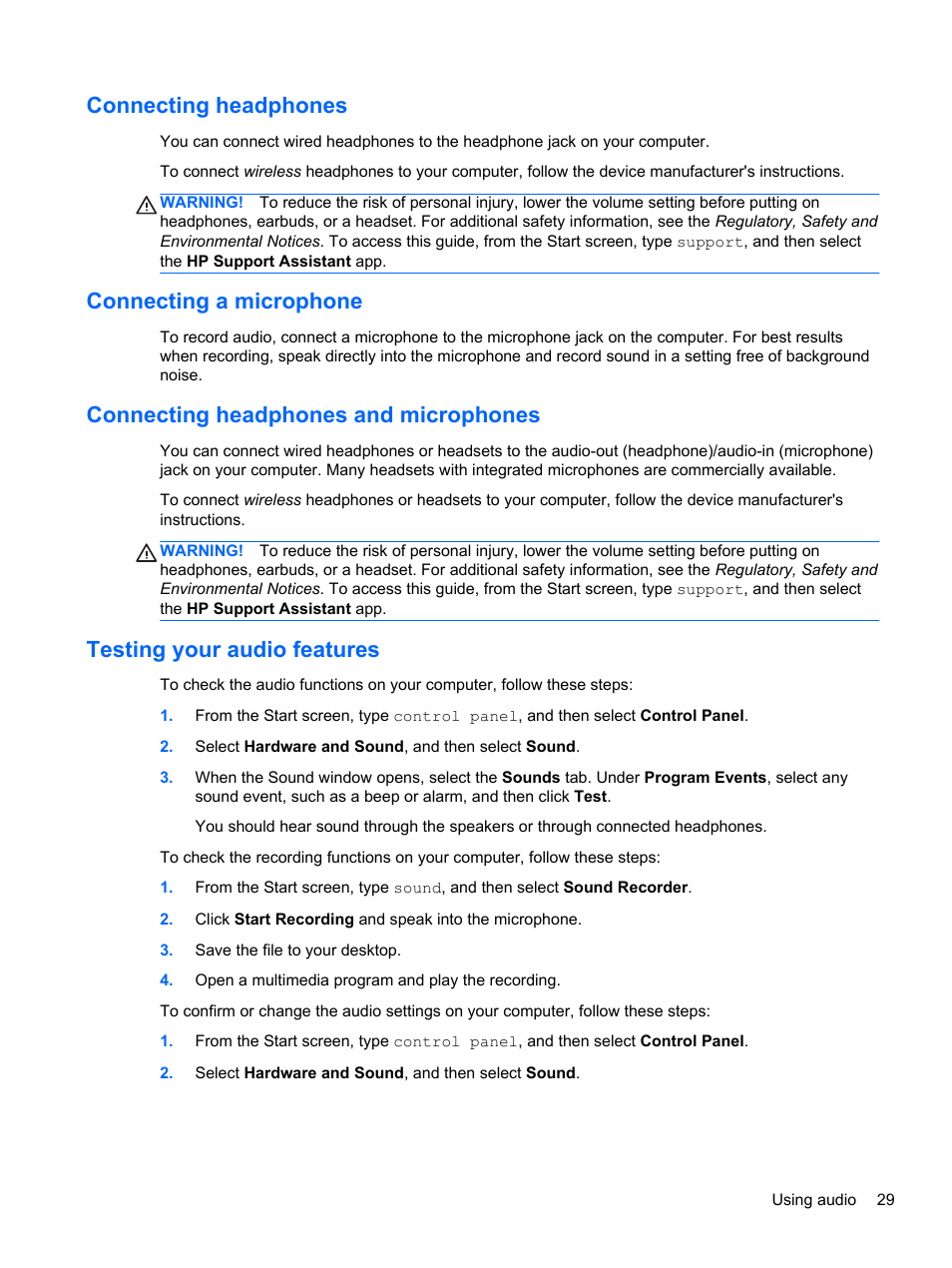 Connecting headphones, Connecting a microphone, Connecting headphones and microphones | Testing your audio features | HP 250 G2 Notebook PC User Manual | Page 39 / 90