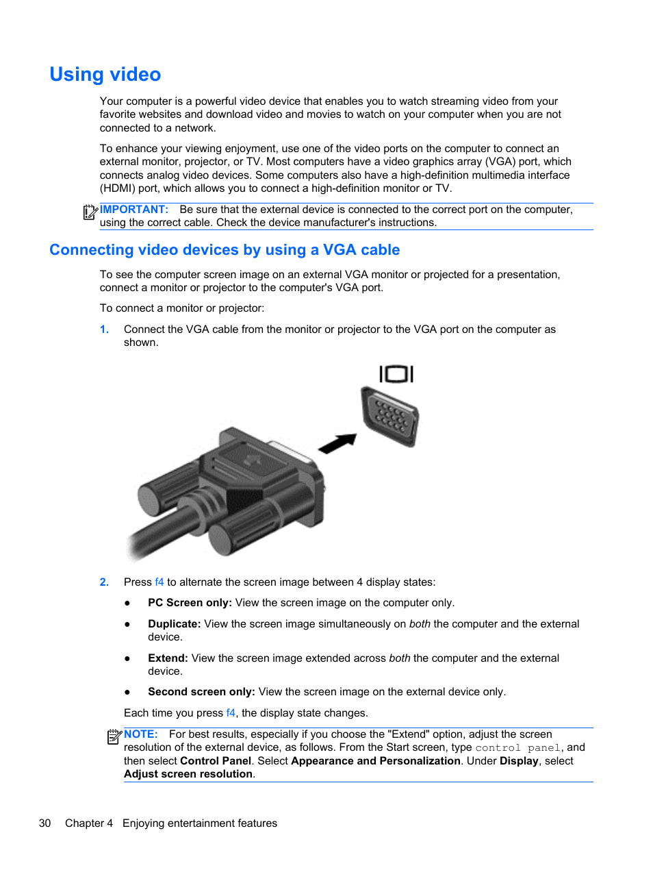 Using video, Connecting video devices by using a vga cable, Connecting | HP 250 G2 Notebook PC User Manual | Page 40 / 90