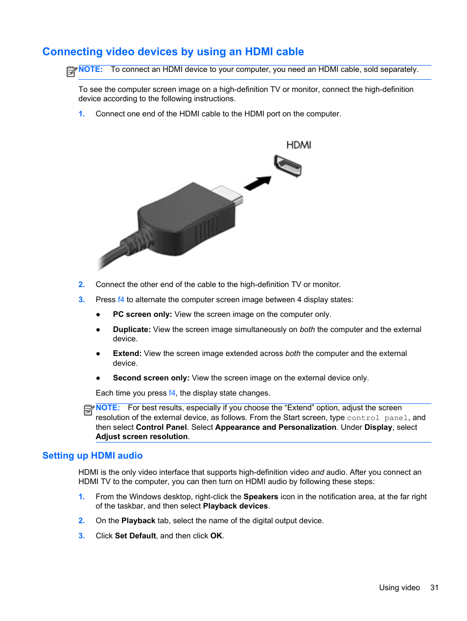 Connecting video devices by using an hdmi cable, Setting up hdmi audio, Connecting | HP 250 G2 Notebook PC User Manual | Page 41 / 90
