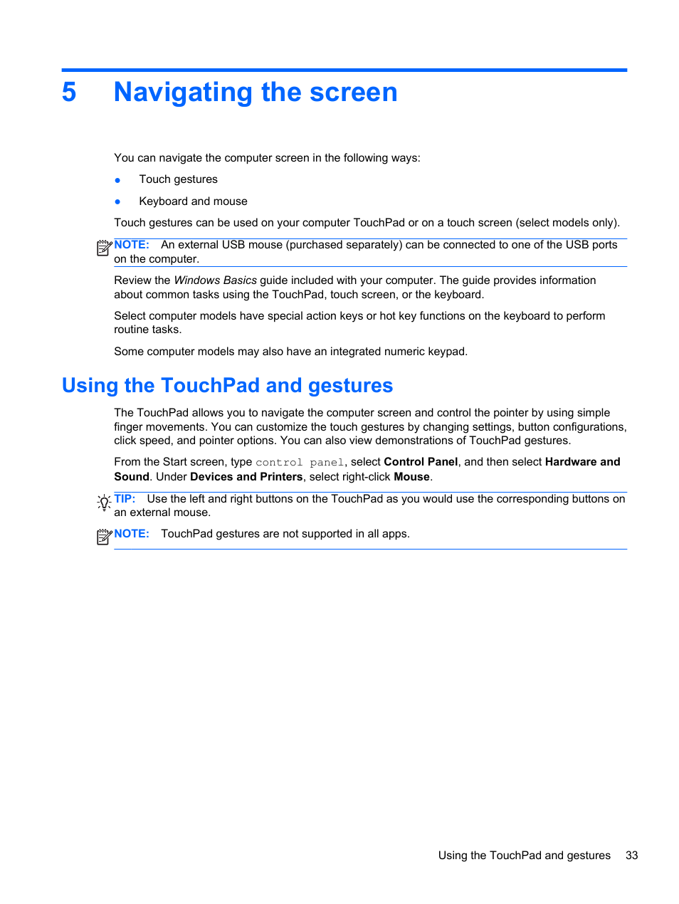 Navigating the screen, Using the touchpad and gestures, 5 navigating the screen | Text. see, 5navigating the screen | HP 250 G2 Notebook PC User Manual | Page 43 / 90