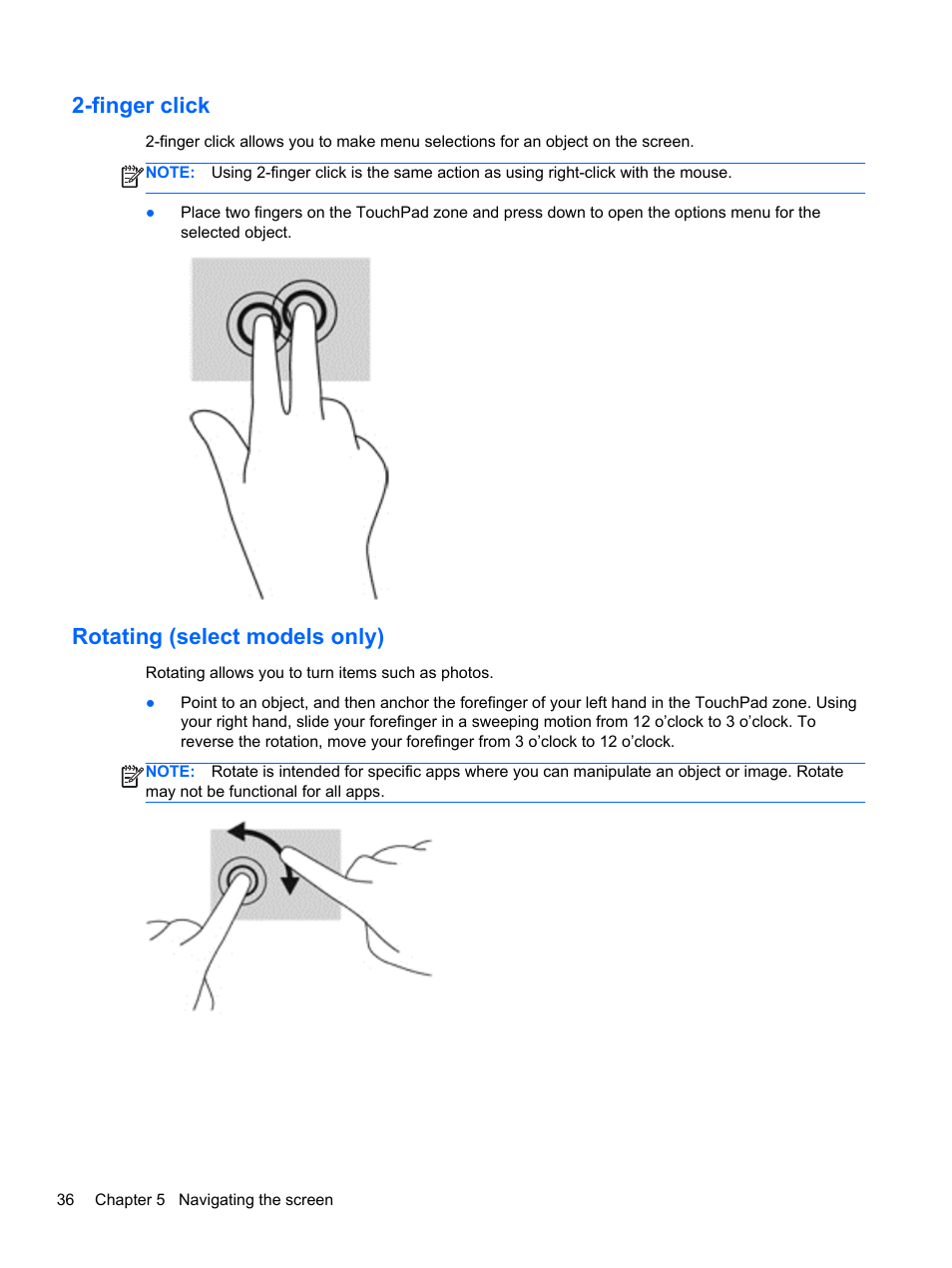 Finger click, Rotating (select models only), Finger click rotating (select models only) | HP 250 G2 Notebook PC User Manual | Page 46 / 90