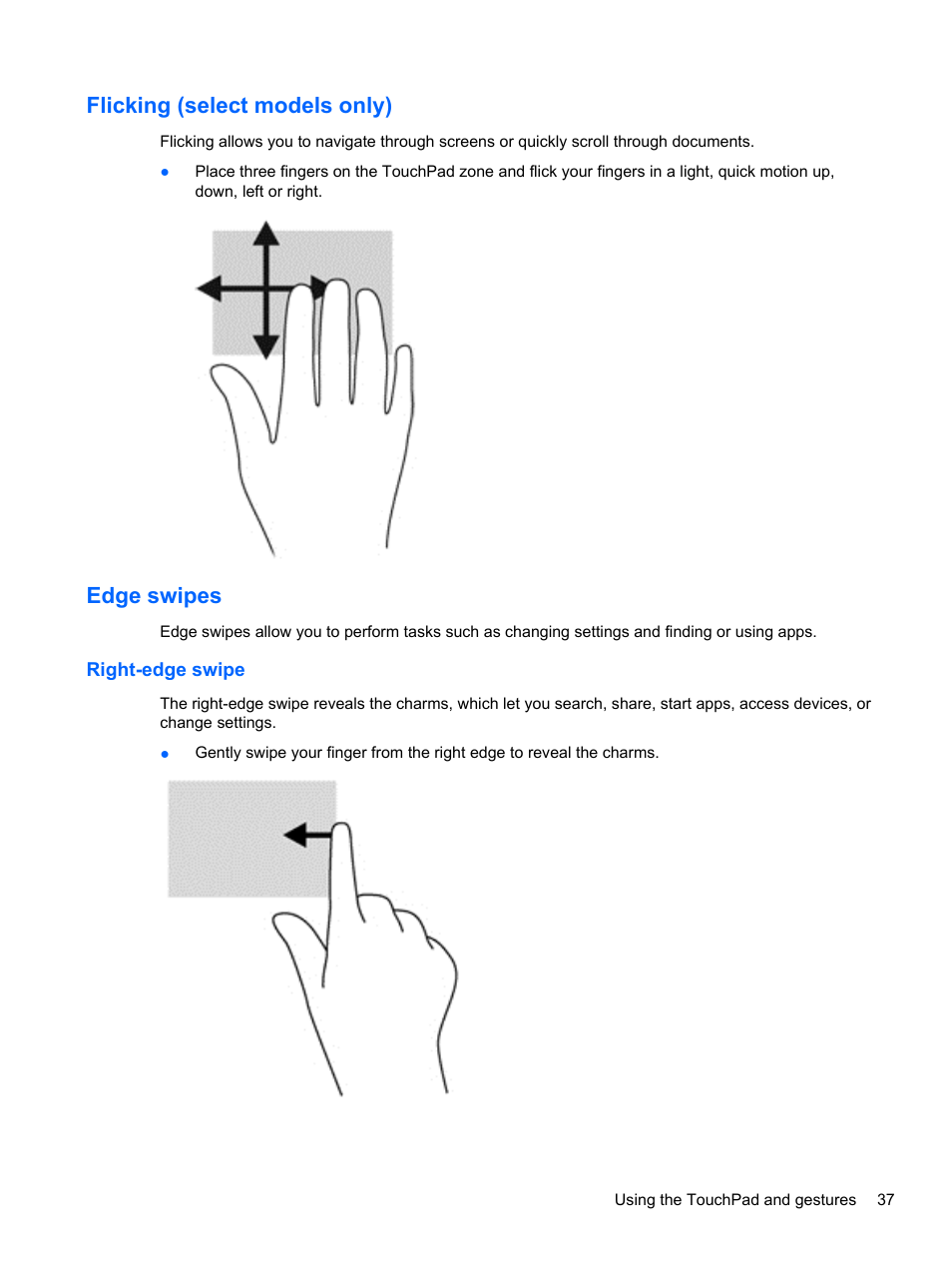 Flicking (select models only), Edge swipes, Right-edge swipe | Flicking (select models only) edge swipes | HP 250 G2 Notebook PC User Manual | Page 47 / 90