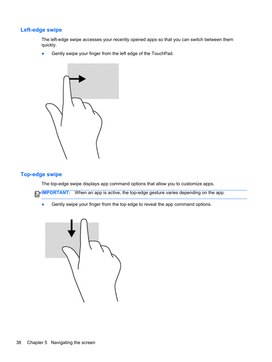 Left-edge swipe, Top-edge swipe, Left-edge swipe top-edge swipe | HP 250 G2 Notebook PC User Manual | Page 48 / 90