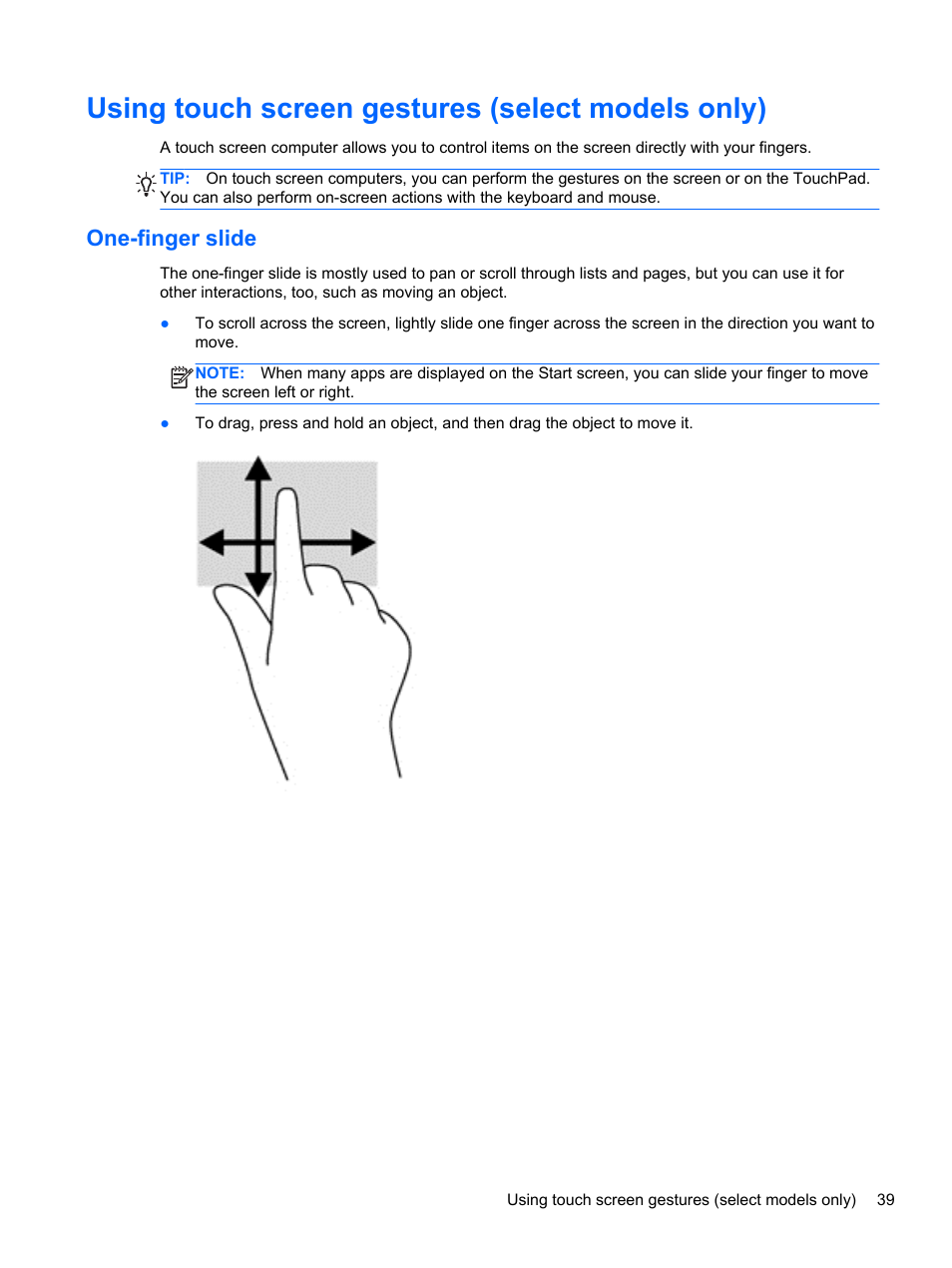 Using touch screen gestures (select models only), One-finger slide | HP 250 G2 Notebook PC User Manual | Page 49 / 90