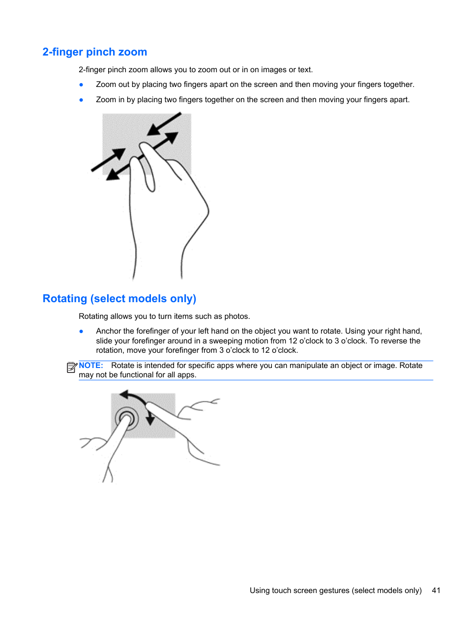 Finger pinch zoom, Rotating (select models only), Finger pinch zoom rotating (select models only) | HP 250 G2 Notebook PC User Manual | Page 51 / 90