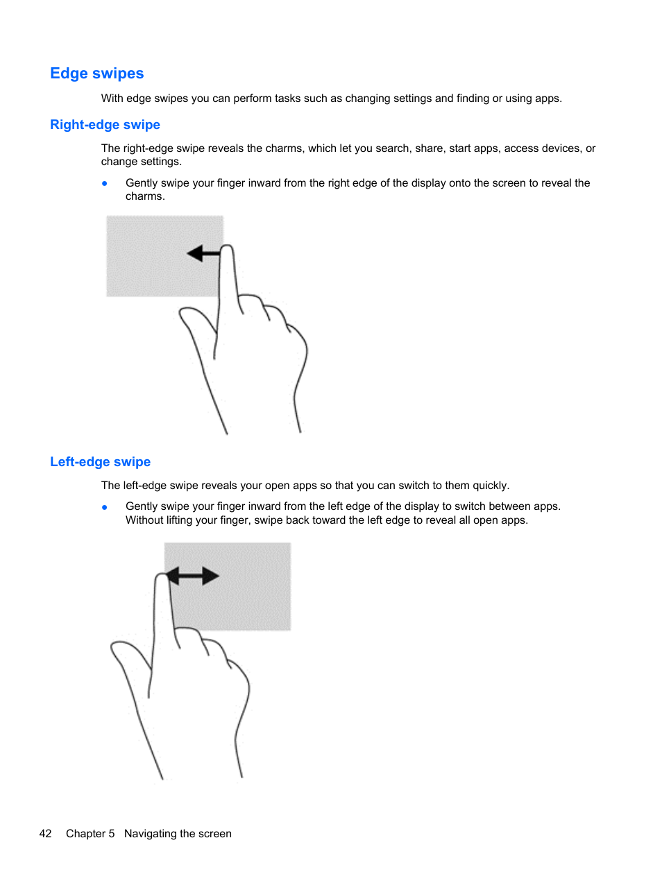 Edge swipes, Right-edge swipe, Left-edge swipe | Right-edge swipe left-edge swipe | HP 250 G2 Notebook PC User Manual | Page 52 / 90