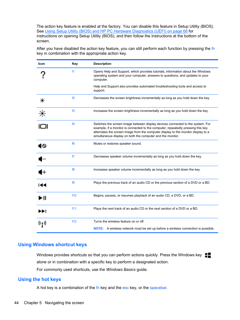 Using windows shortcut keys, Using the hot keys, Using windows shortcut keys using the hot keys | HP 250 G2 Notebook PC User Manual | Page 54 / 90